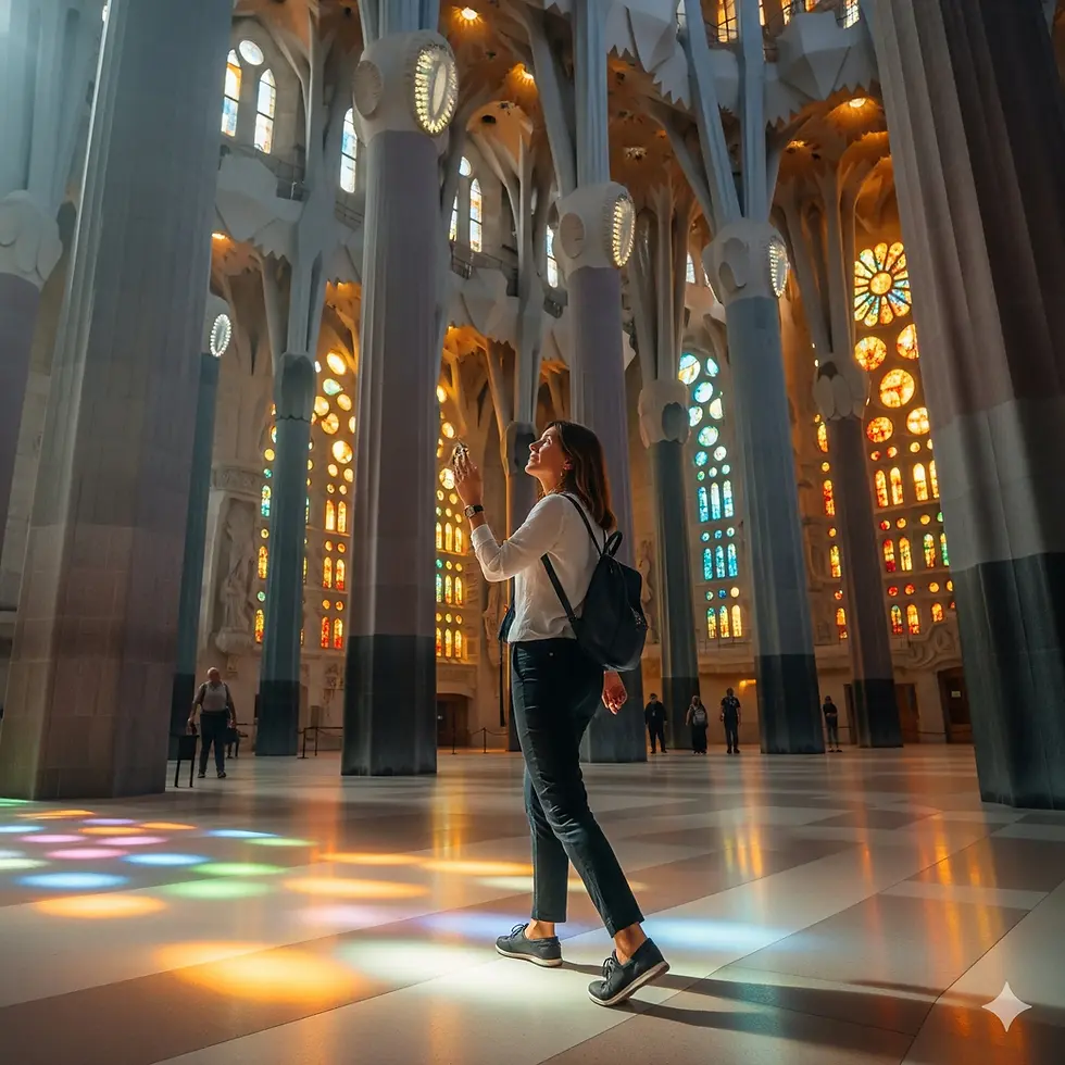 Mujer viajera disfrutando la experiencia de viajar sola a Barcelona mientras recorre la Basílica de la Sagrada Familia.