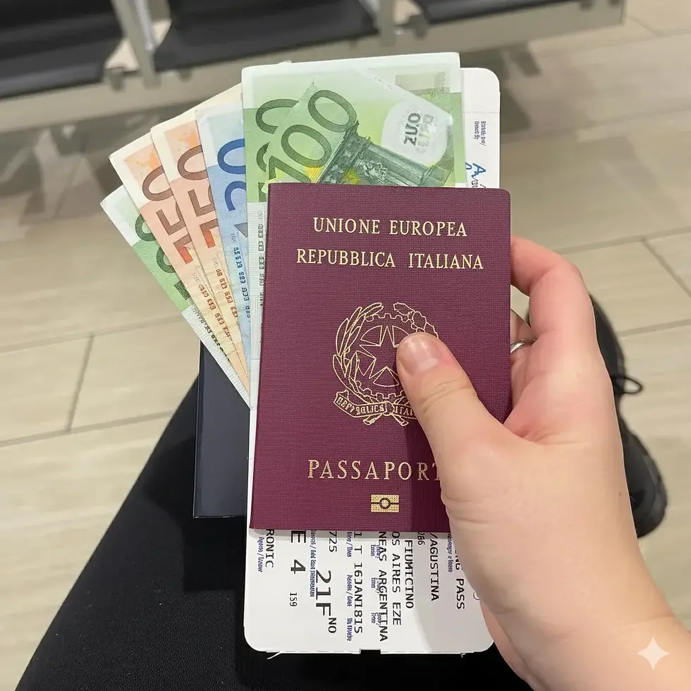 Persona sostiene pasaporte, boletos y euros cumpliendo con los requisitos para viajar a Italia en aeropuerto internacional antes de abordar su vuelo.