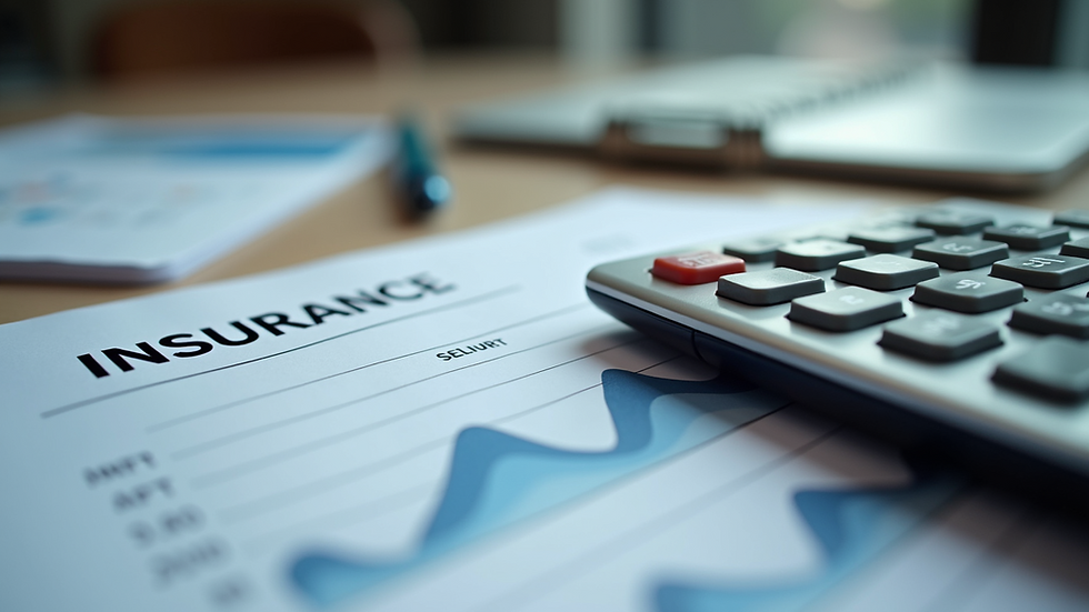 High angle view of a calculator and insurance documents on a desk