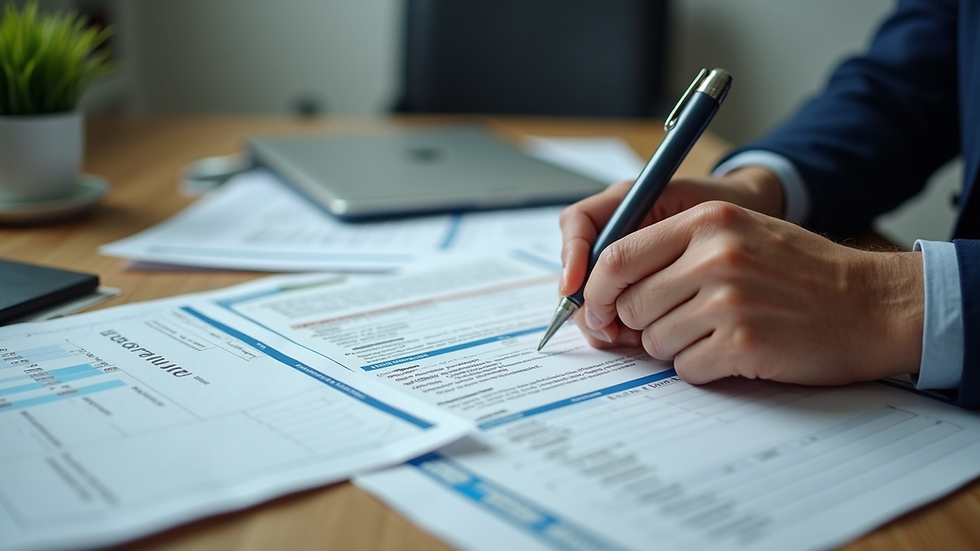 High angle view of a person reviewing printed insurance quotes on a desk