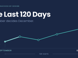 A line chart running from September to December showing the final 120 days of the fiscal year, with a dip in the middle and a climb to a December endpoint, and an icon of one person helping another up a set of steps.