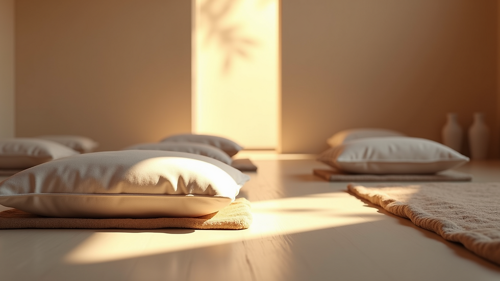 Close-up view of a meditation space with cushions and soft lighting