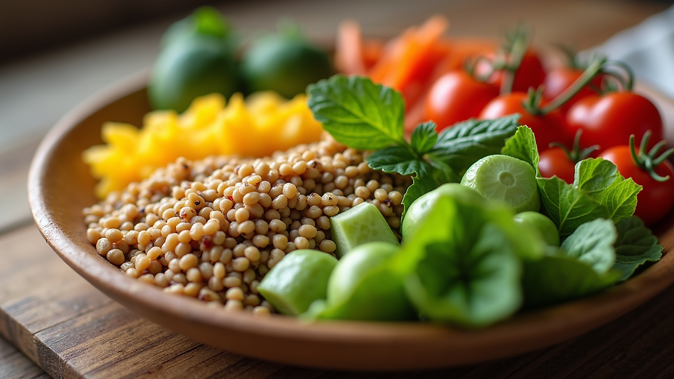 Close-up view of a balanced, colorful meal with vegetables and grains