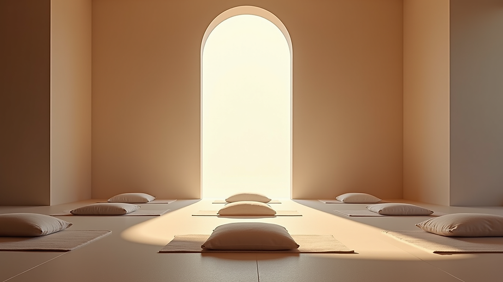Eye-level view of a peaceful meditation space with cushions and soft lighting