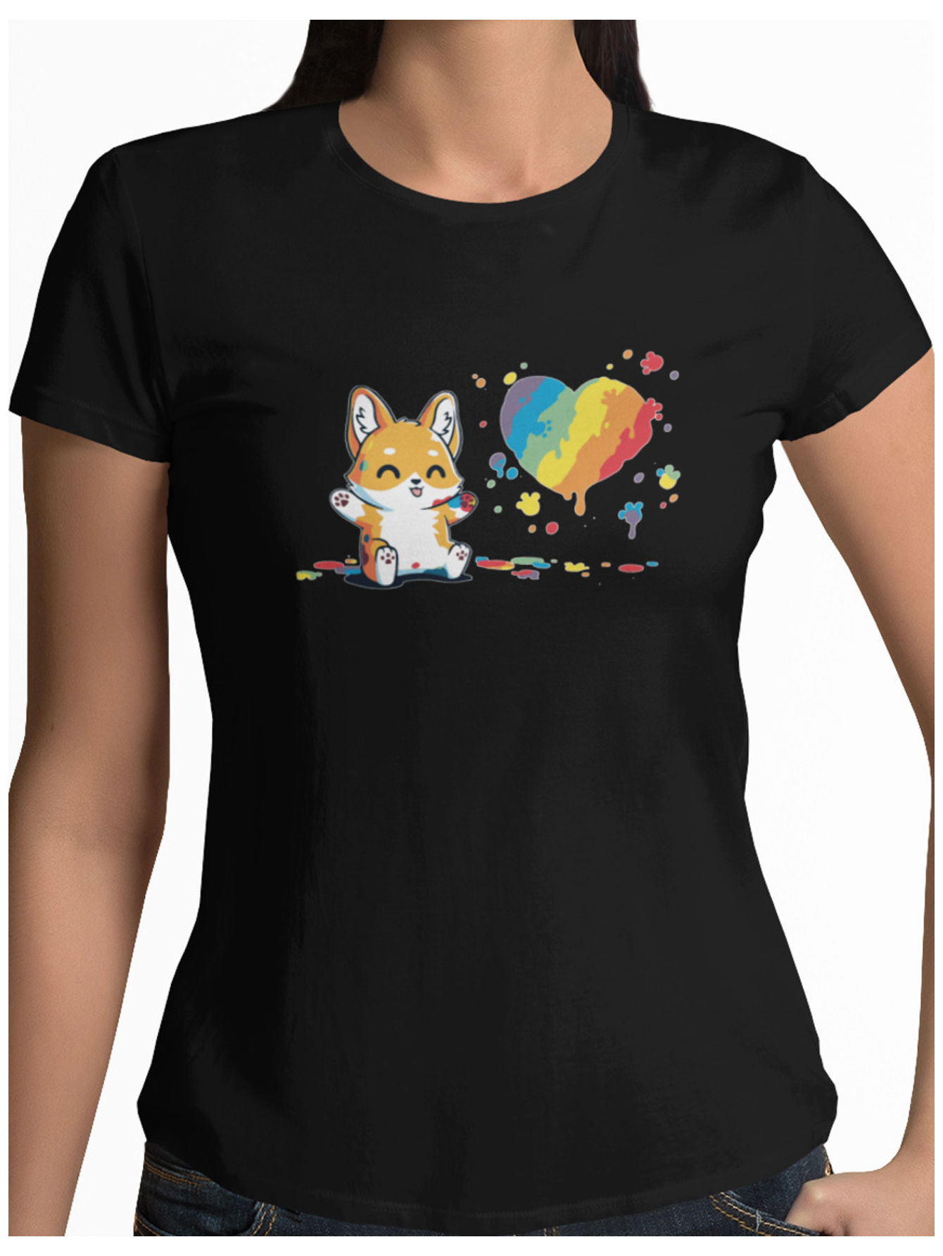 Playera negra perrito corazón acuarela colores