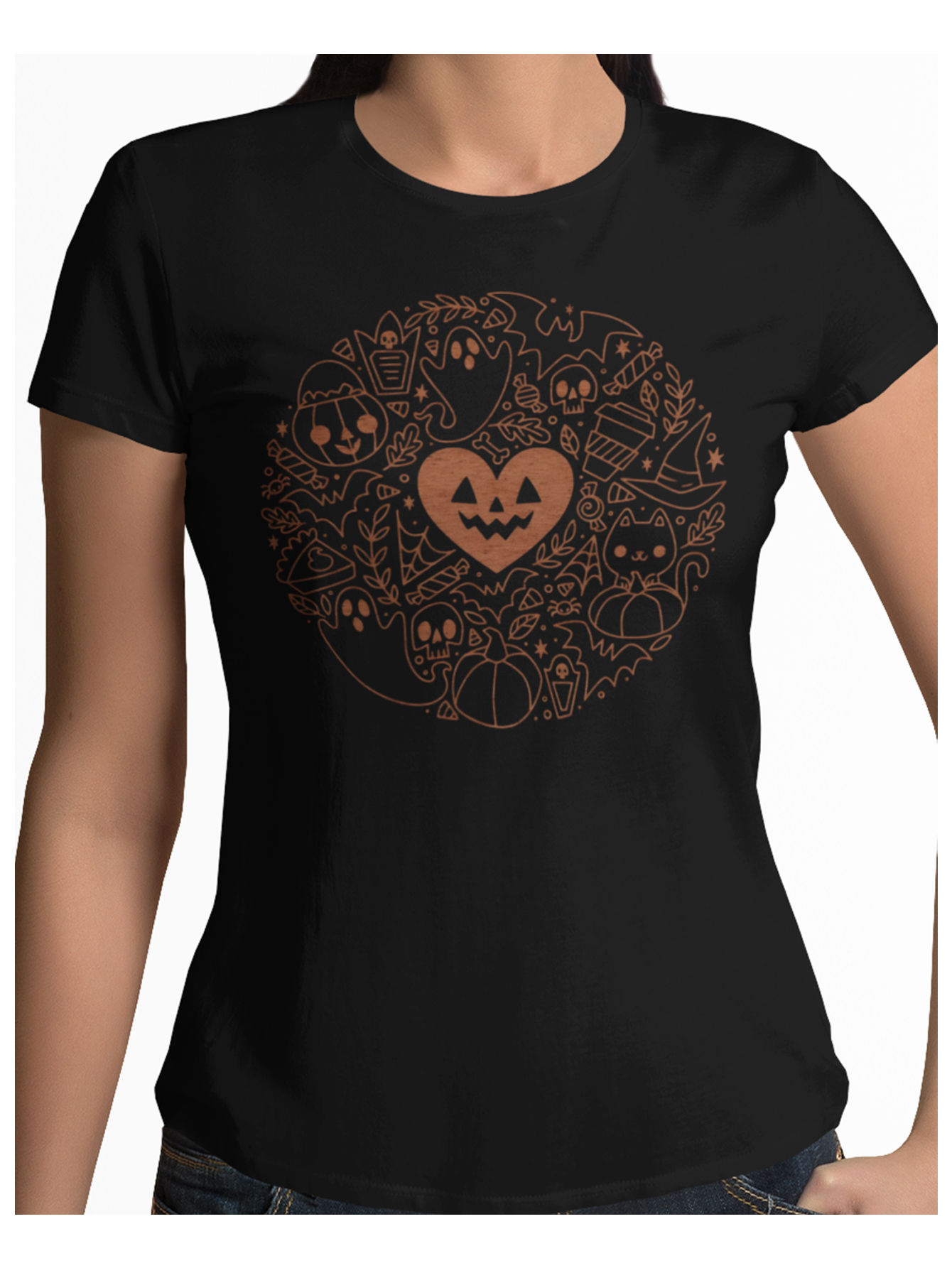 Playera negro calabaza corazón fantasma halloween