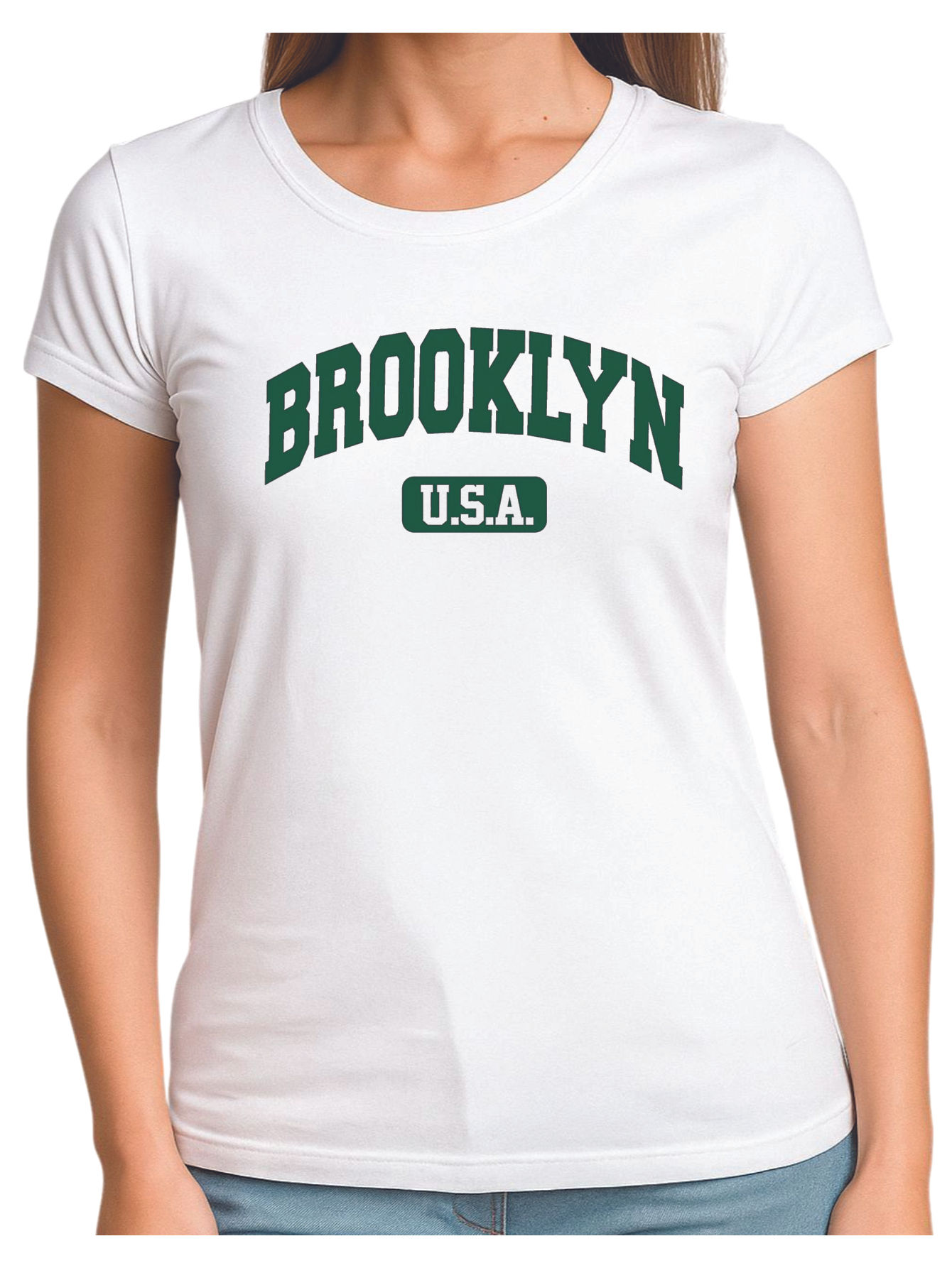 Playera blanca de mujer diseño BROOKYN U.S.A (verde)