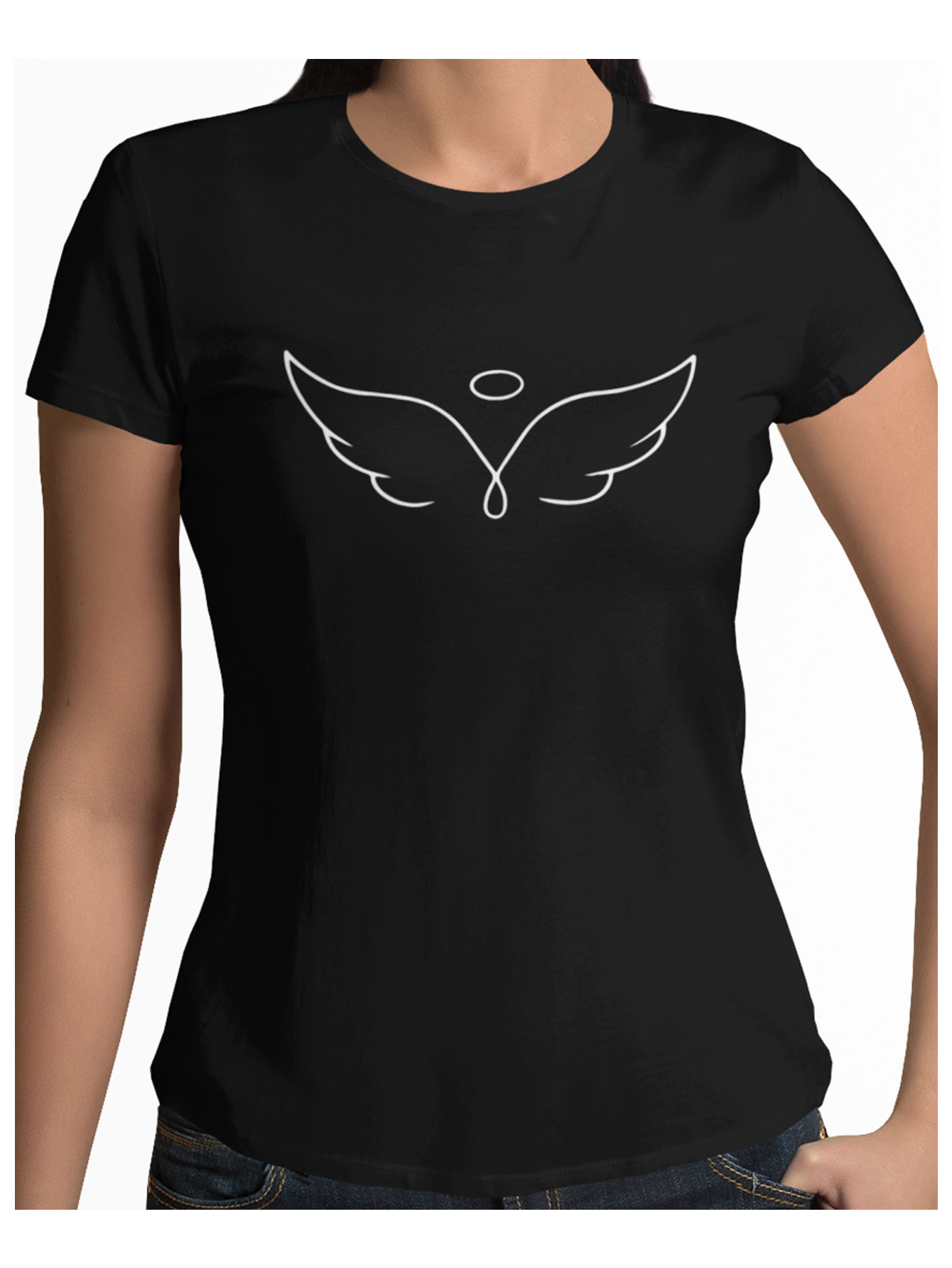Playera negra alas y aureola de angel arte de linea