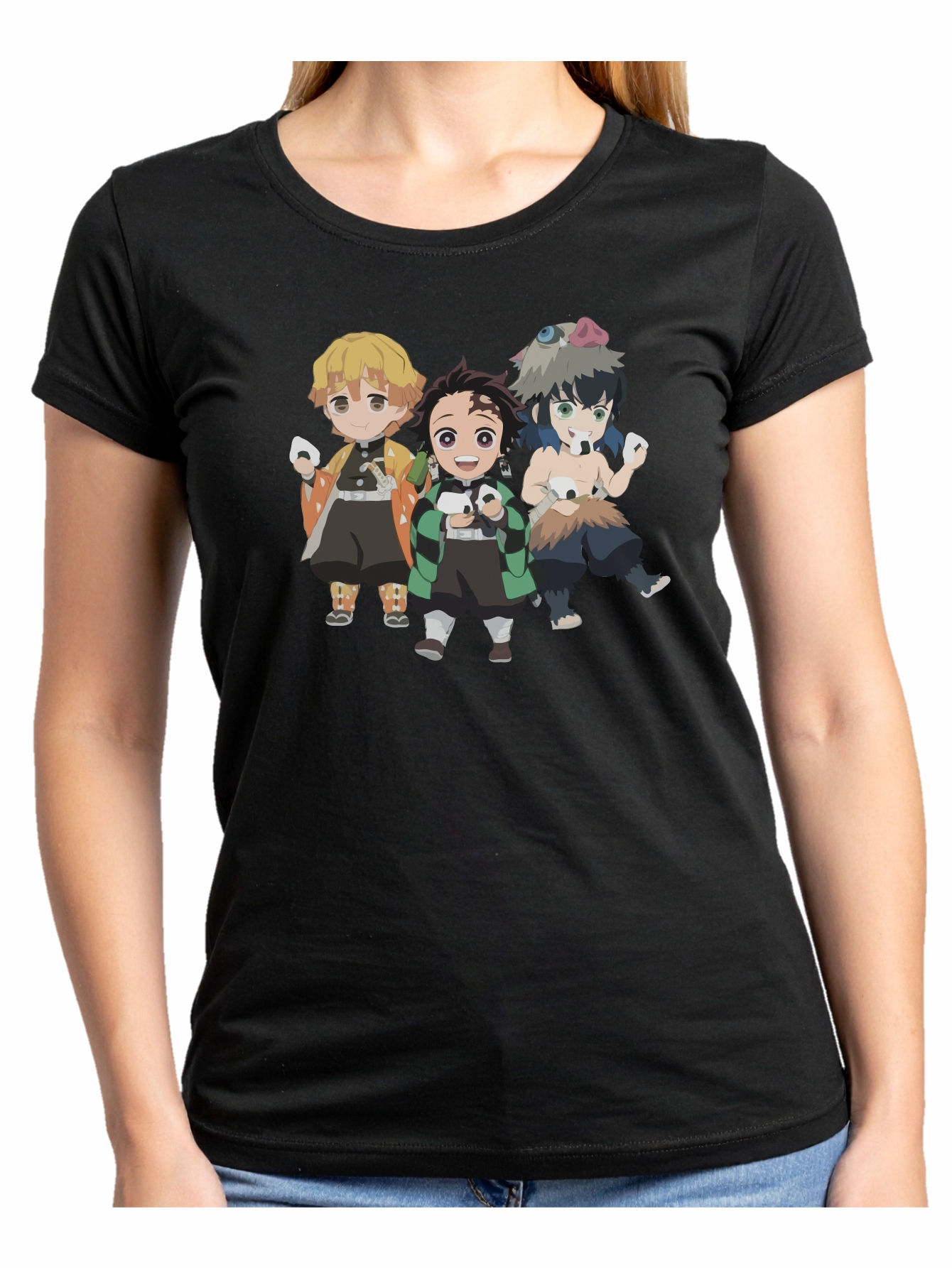 Playera negra de mujer con diseño de anime Tanjiro, Zenitsu e Inosuke onigiri