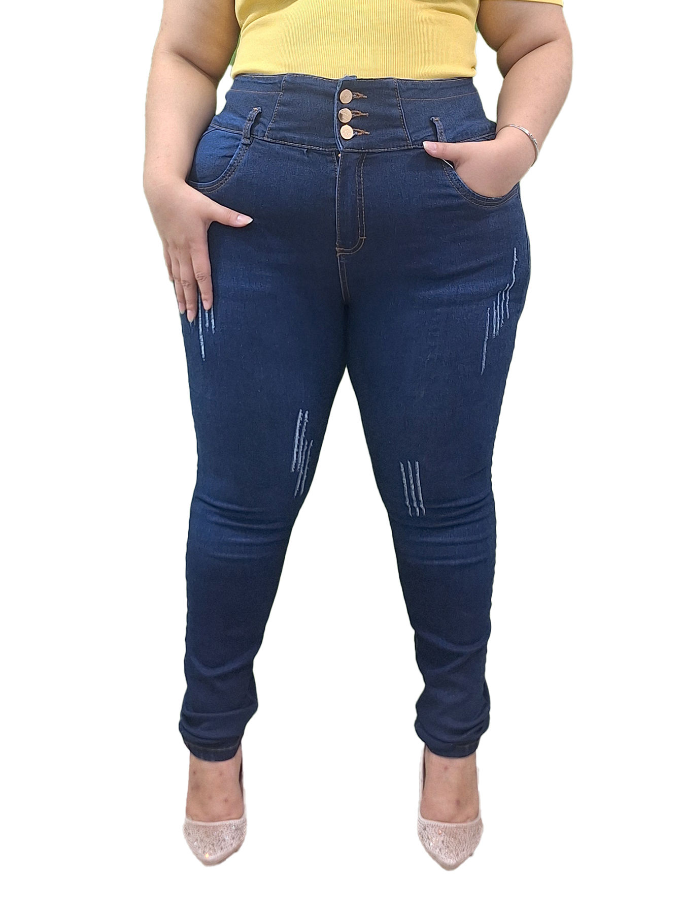 Pantalón Rosa tres botones azul oscuro rasguños