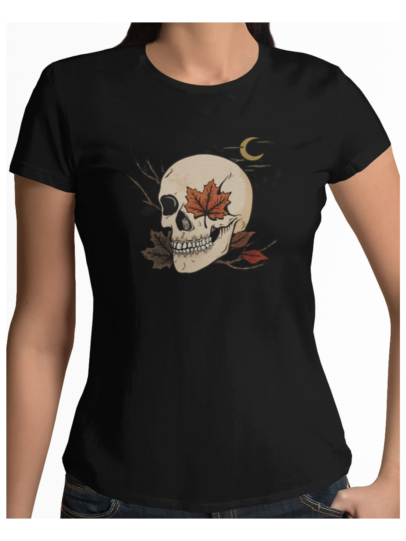 Playera negra Calavera ojo hoja de maple halloween
