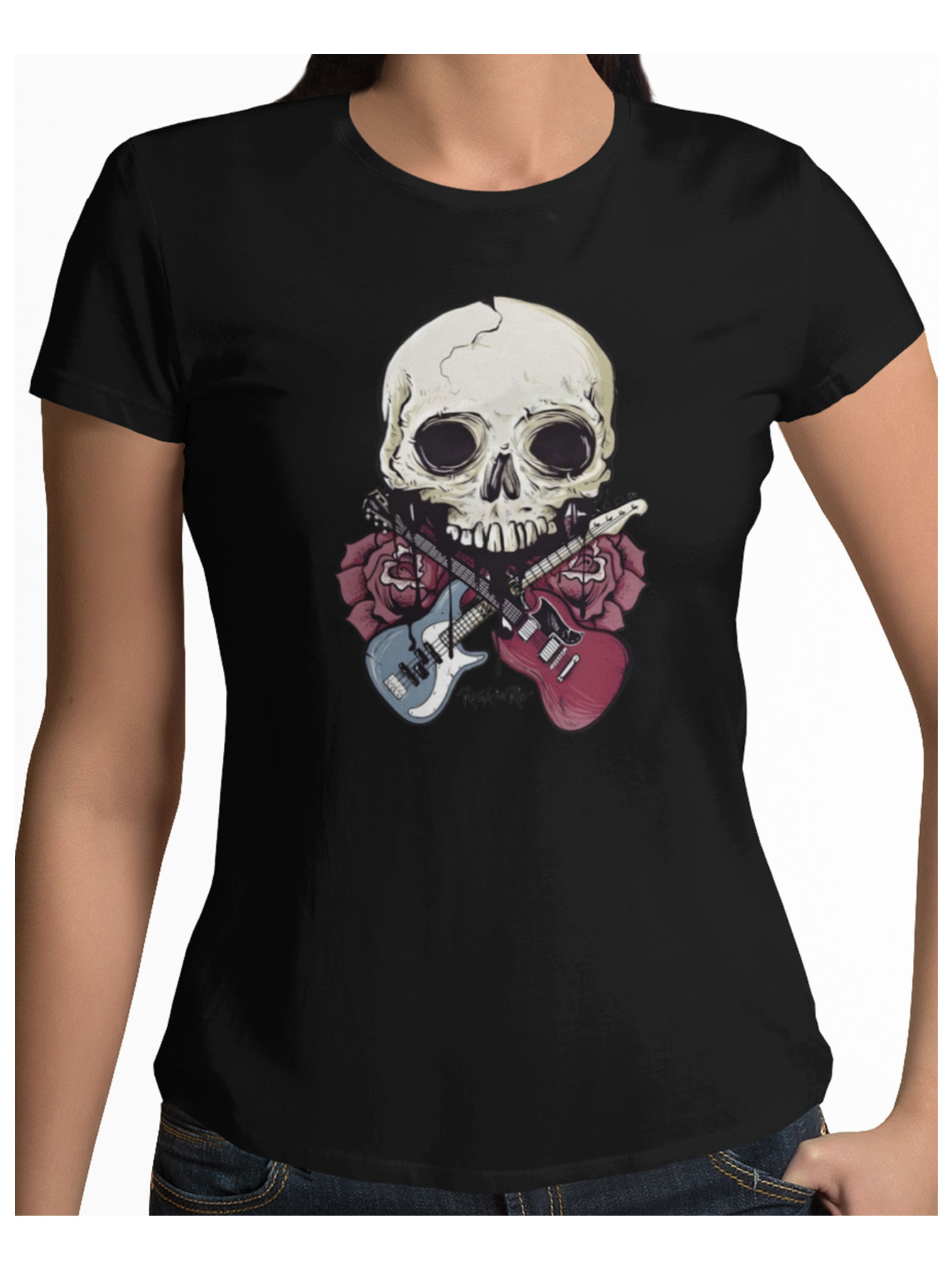 Playera negra calavera rosas guitarras halloween