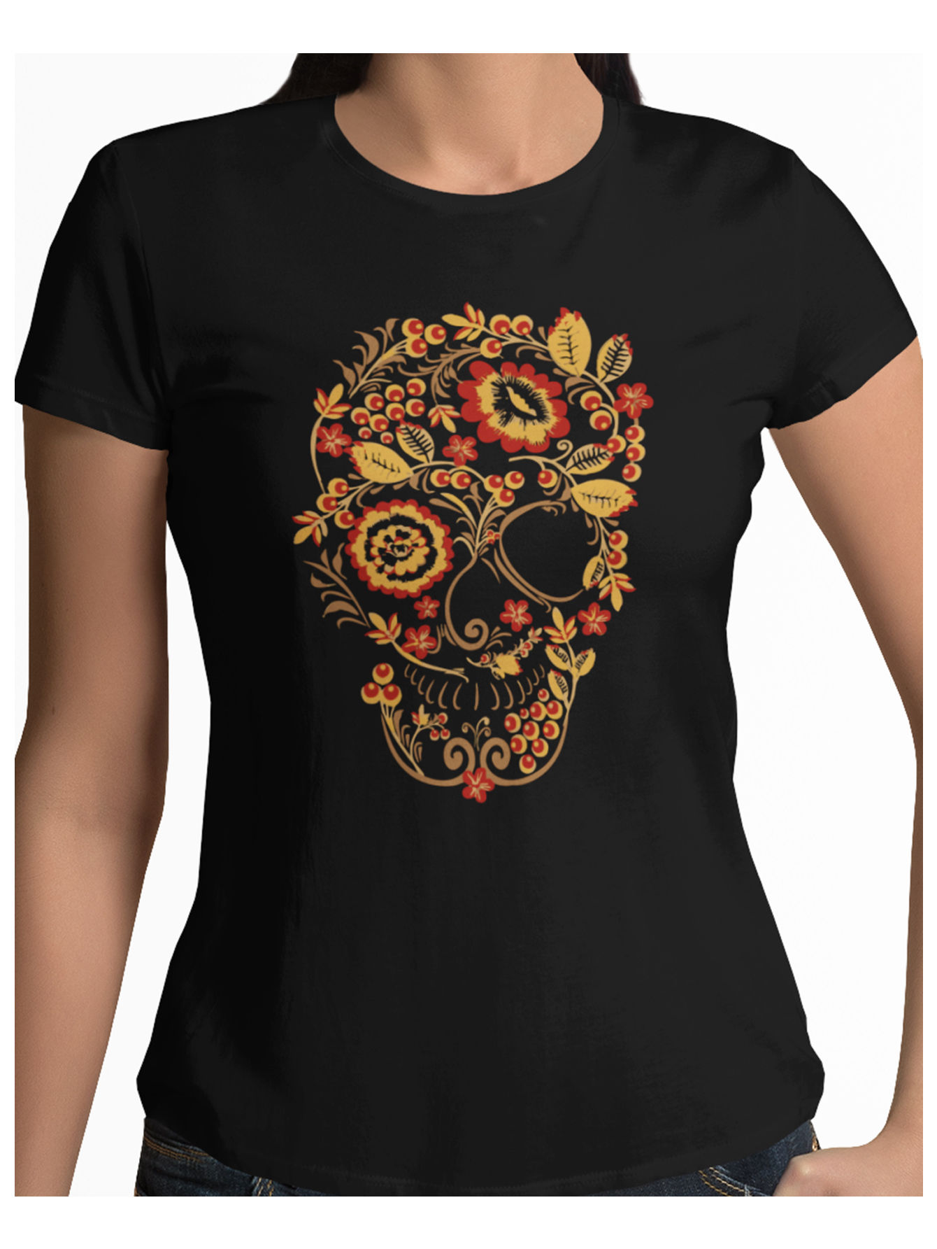 Playera negra calavera amarilla flores halloween