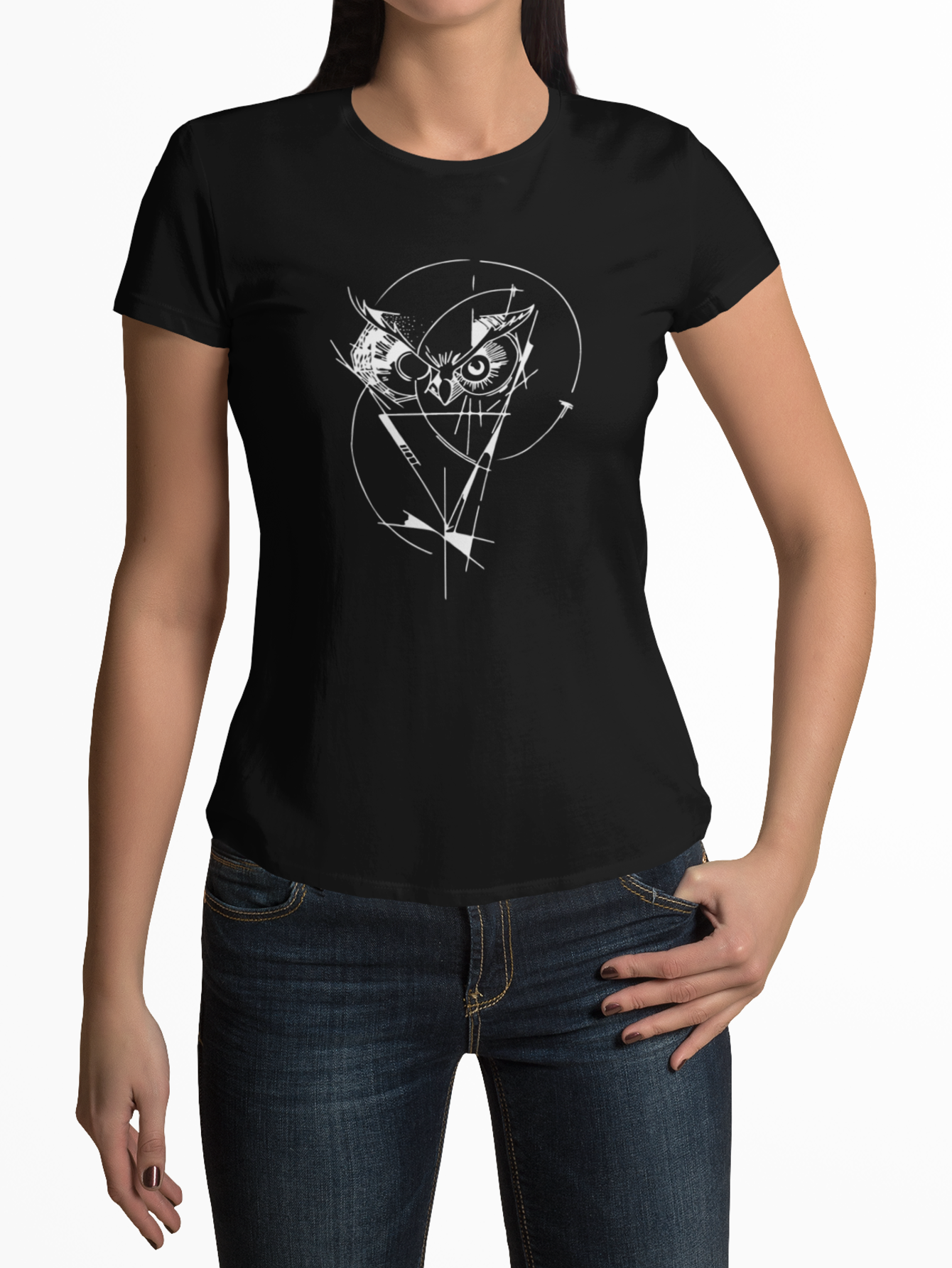 Playera negra animal buho abstacto lineas