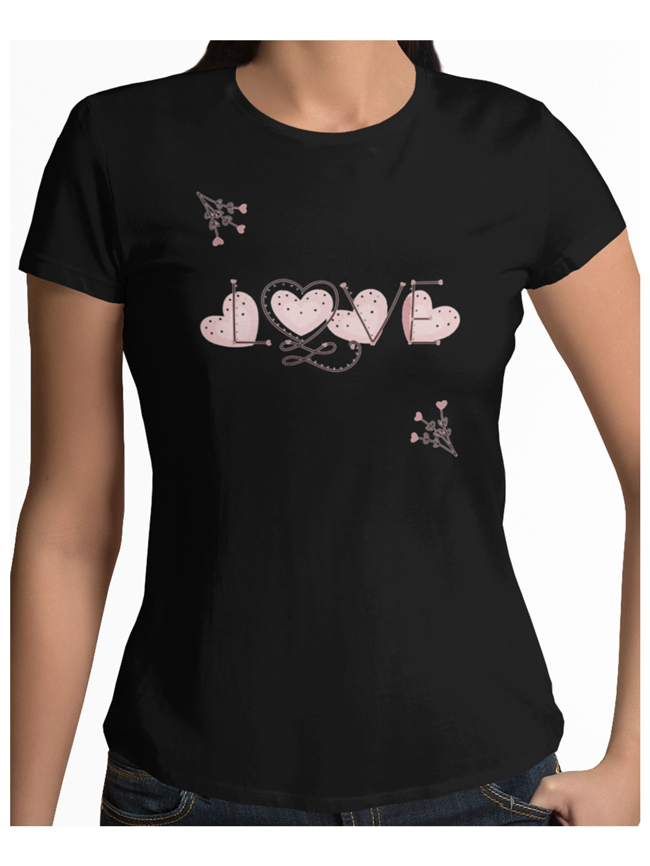 Playera negra LOVE corazones ramitas