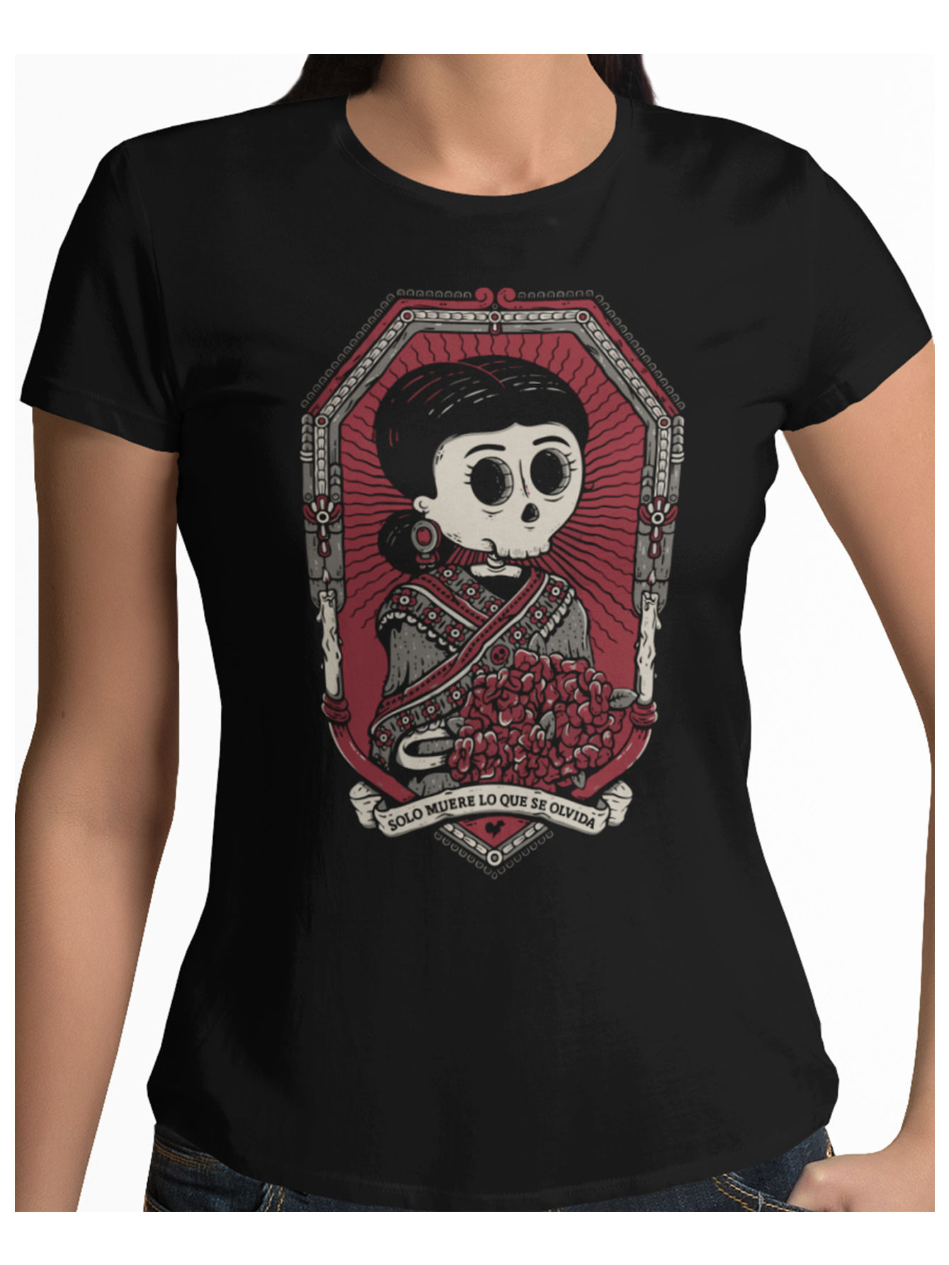 Playera negra solo muere lo que se olvida calavera dia de muertos halloween