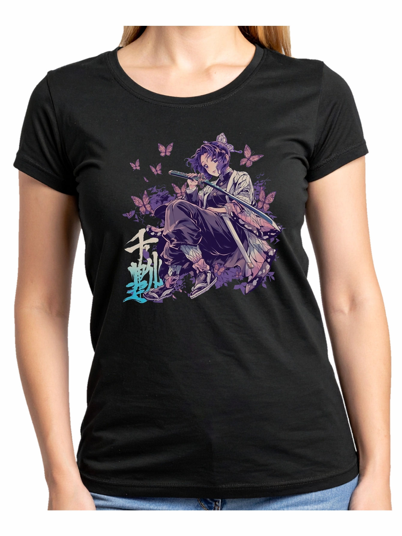 Playera negra con diseño de anime Shinobu Kocho mariposas moradas