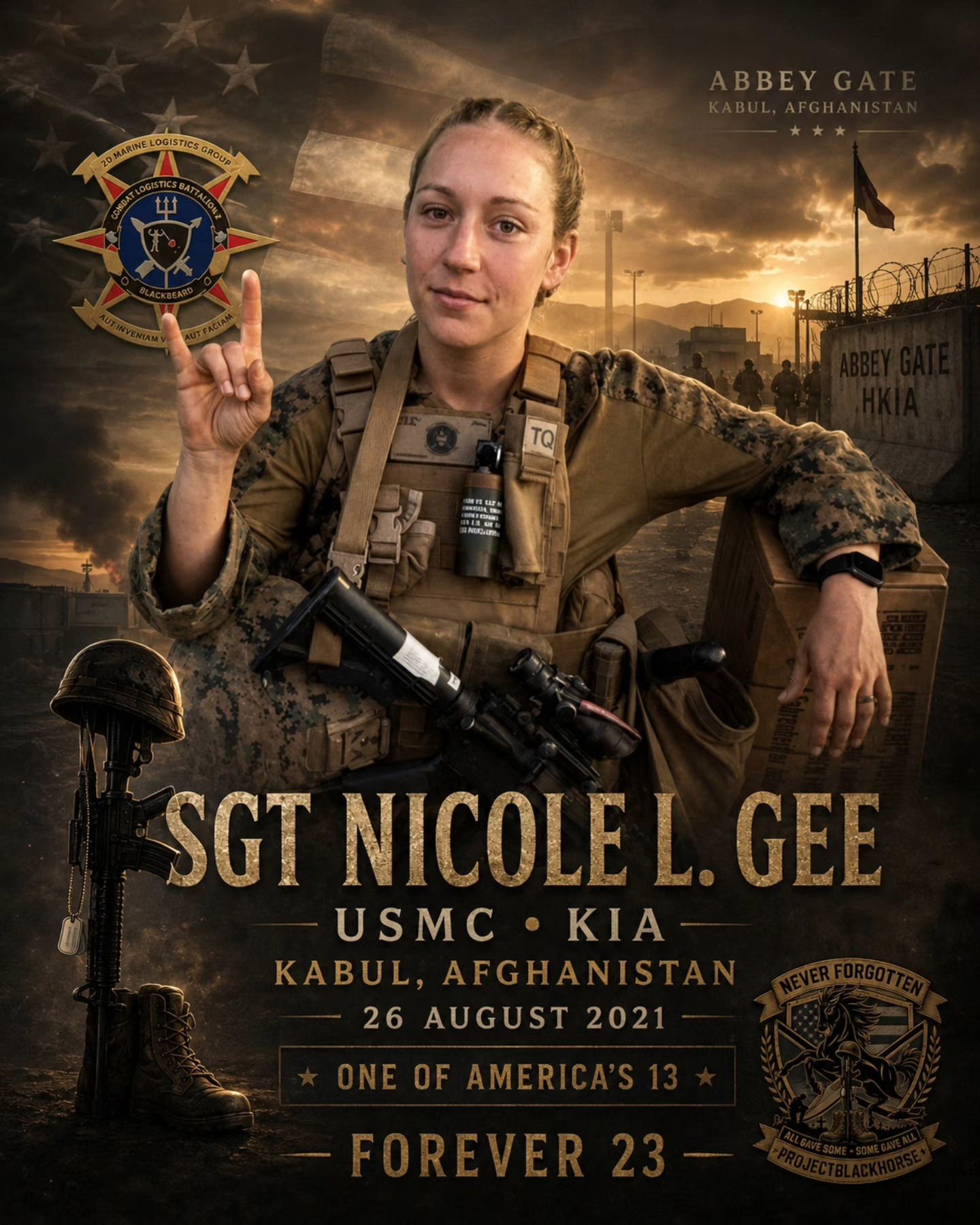 SGT Nicole L. Gee USMC memorial bracelet honoring the Fallen 13 and Abbey Gate sacrifice in Kabul, Afghanistan, August 26, 20