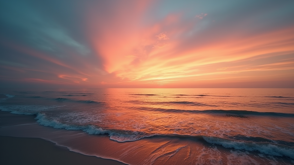 Wide angle view of a peaceful sunset over the ocean