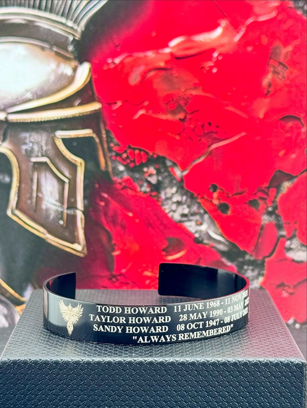 Engraved aluminum bracelet: "In memory of a warrior's heart"