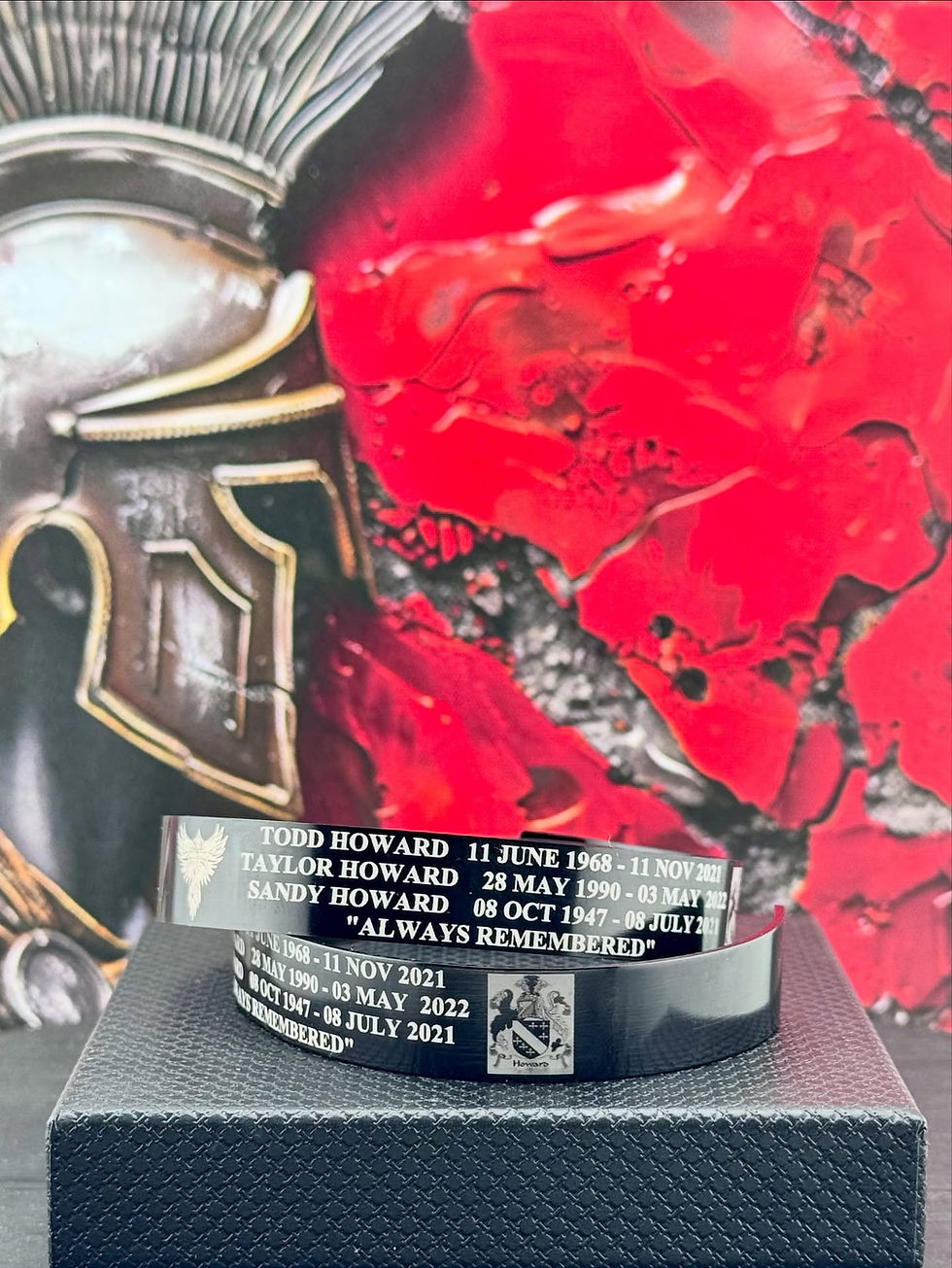 Engraved aluminum bracelet with Roman helmet, family memorial