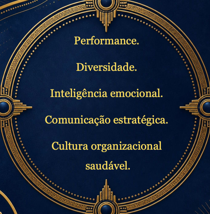 Texto em dourado no centro de um fundo azul com ornamentos circulares. Palavras: Performance, Diversidade, Inteligência emocional.