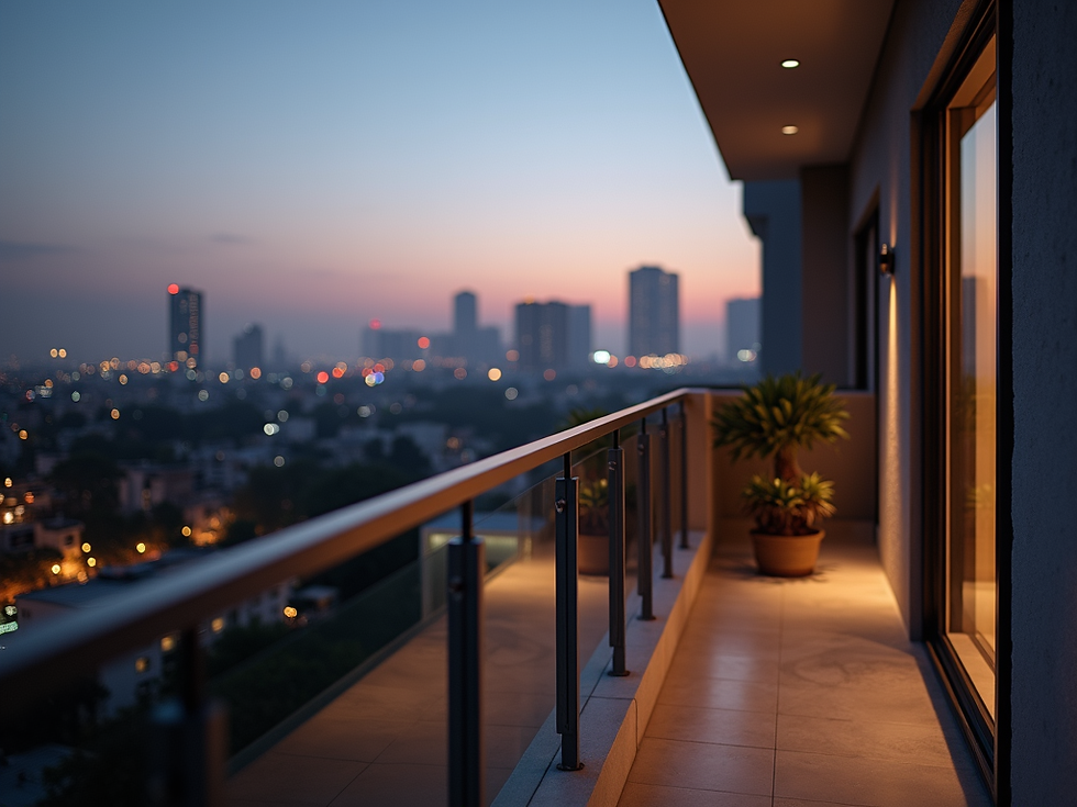 A modern, welcoming apartment balcony in Pune, overlooking city lights, bathed in soft eve