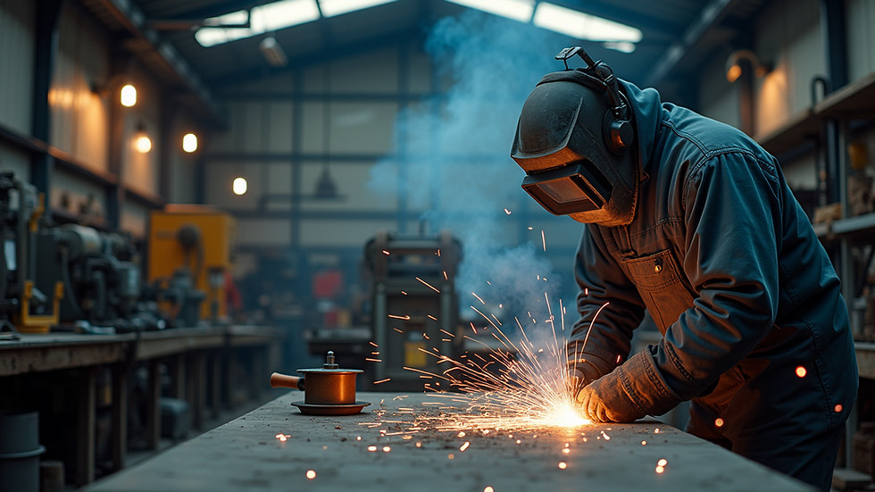 Wide angle view of a welding workshop with various equipment