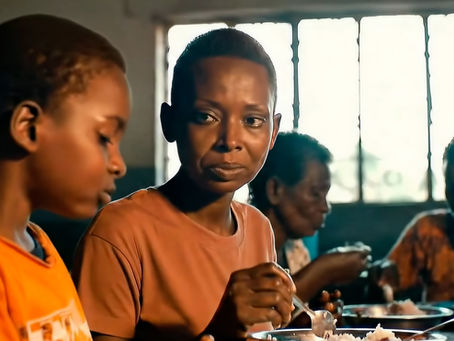 A woman and a child sit together at a communal dining table, sharing a meal in a modest, sunlit room. The woman looks at the child with a solemn and caring expression, while others eat quietly in the background. The atmosphere suggests resilience, connection, and quiet hardship.