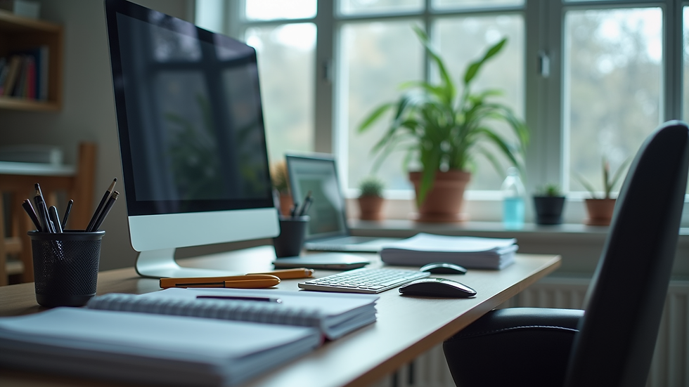 Vue en plongée d’un bureau avec un ordinateur et des dossiers administratifs