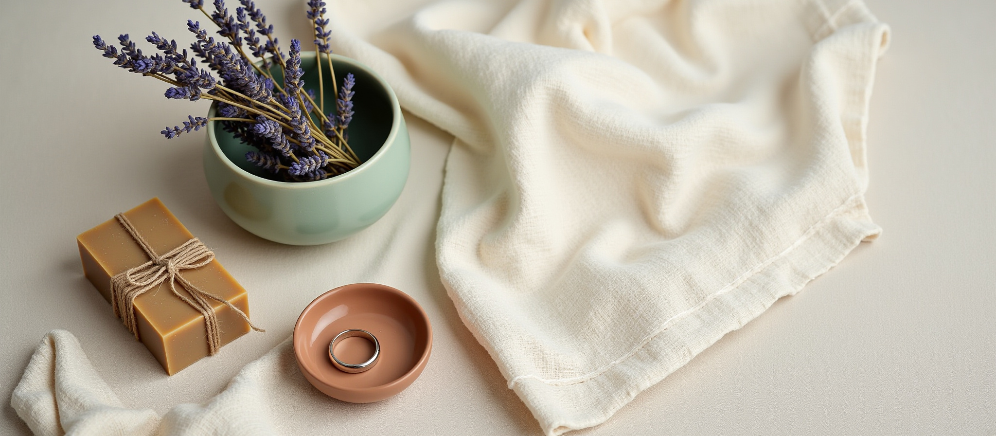 White fabric, ring, lavender in a bowl on a white surface, Gianni Imani Studio.