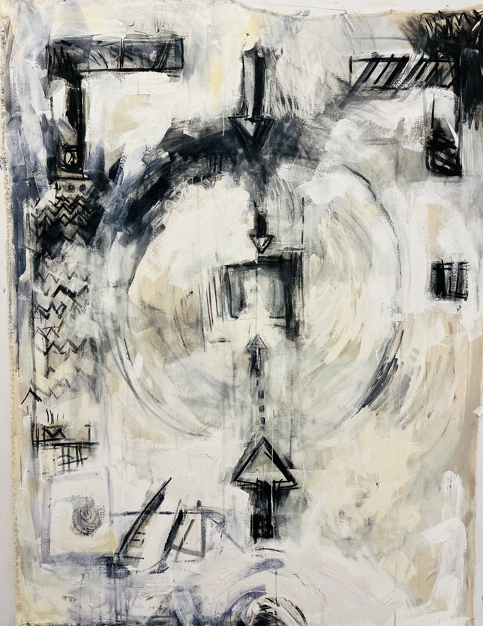 Black and white gestural drawing with arrows, created as a performance score and abstract floor plan of a factory wrapping machine for Ghost in the Machine (Hidden Door 2025).