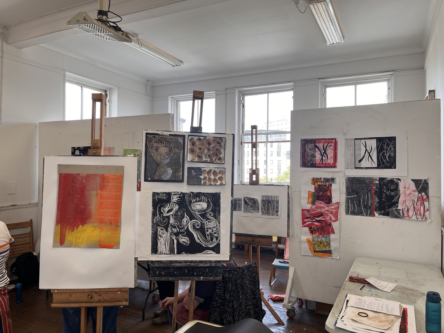 Look & Draw studio displaying drawings, monotypes and paintings from Ginny Elston's three-day summer school
