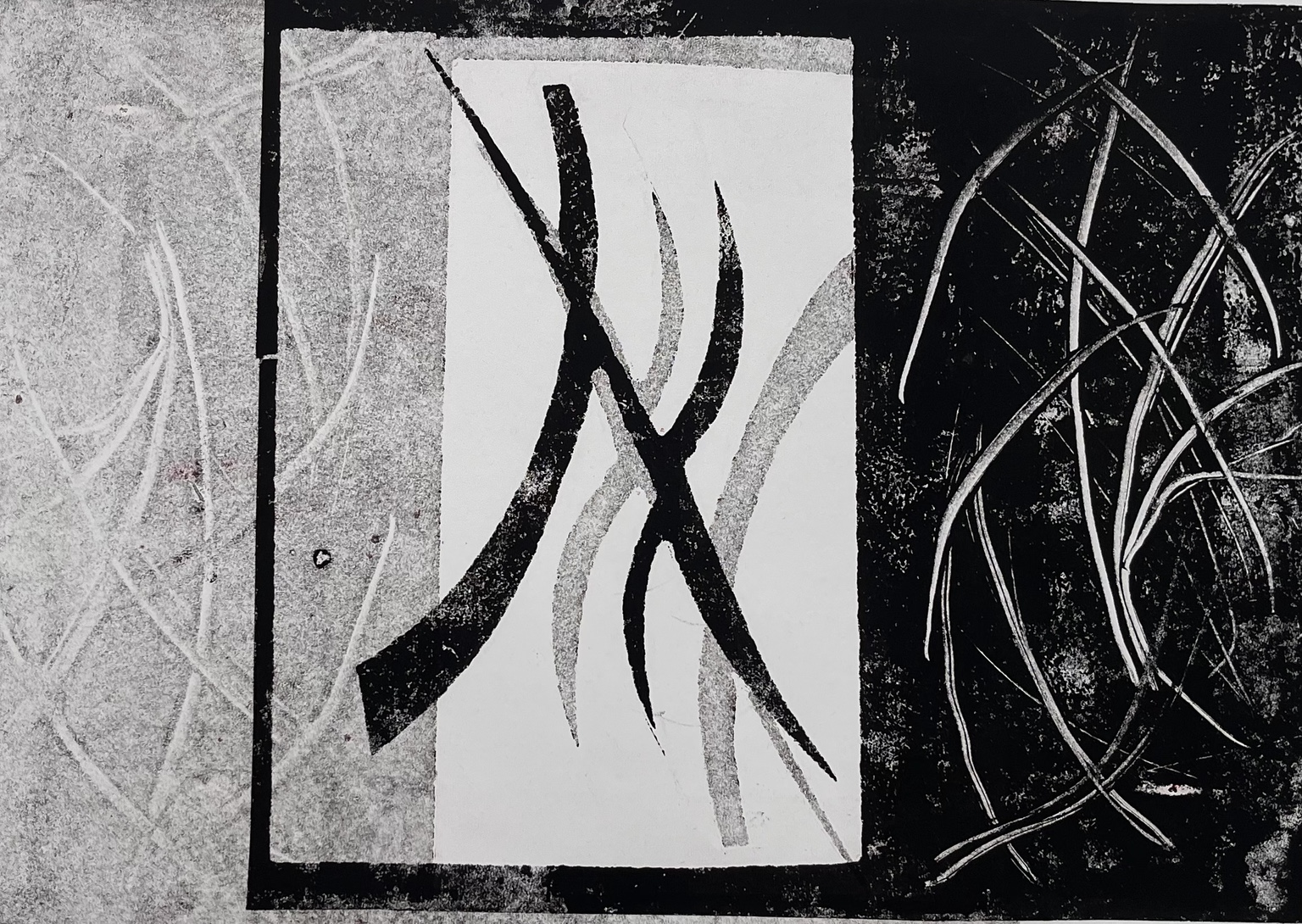 Black, white and grey abstract monotype built from repeated curved marks