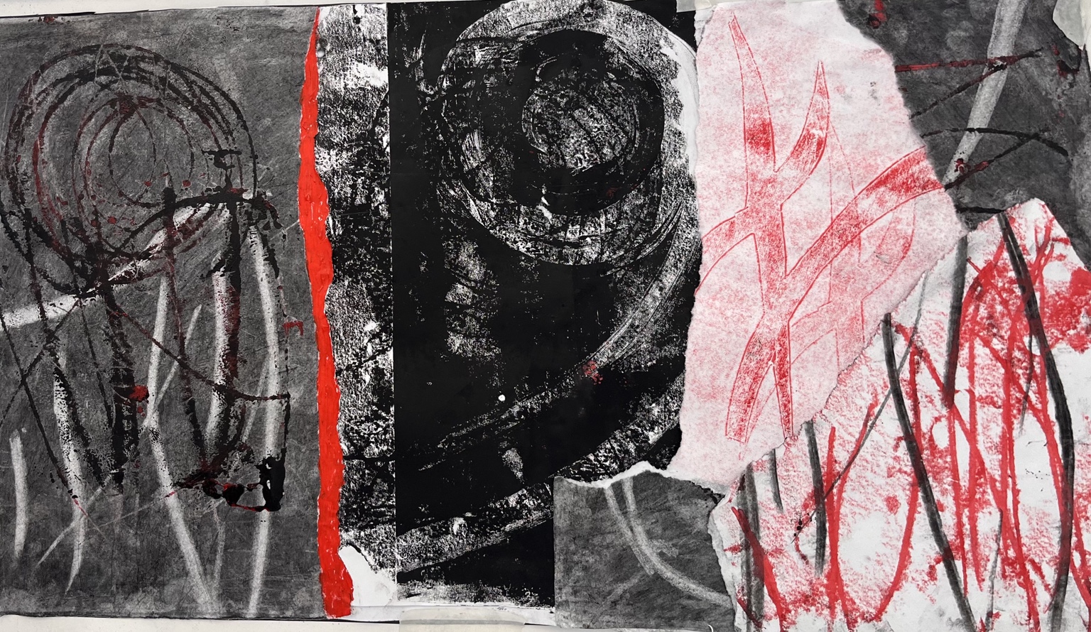 Layered red, black and grey monotype combining printed marks and torn paper
