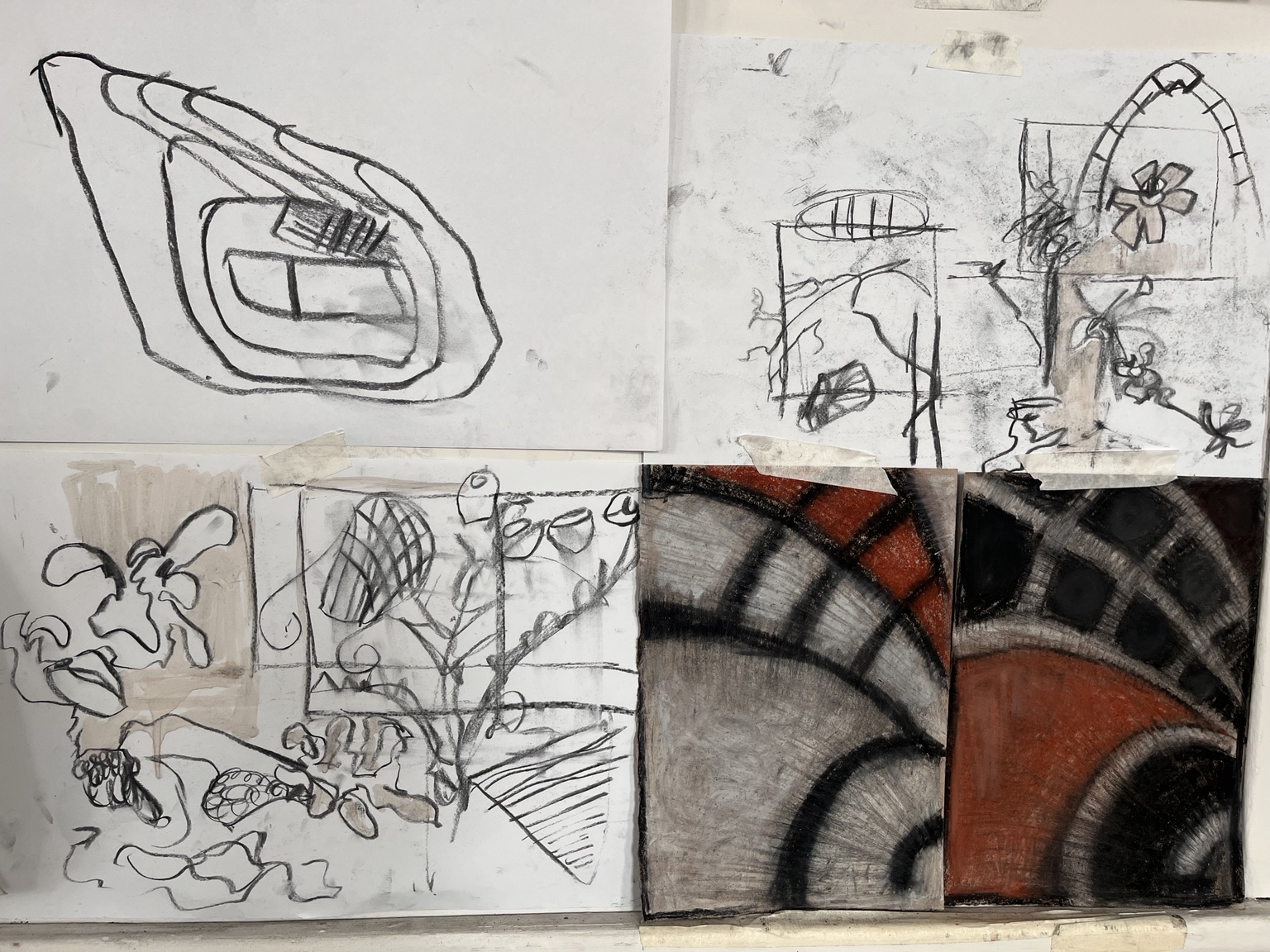 Collected charcoal drawings and abstract studies developed from shapes and motifs found on a local walk
