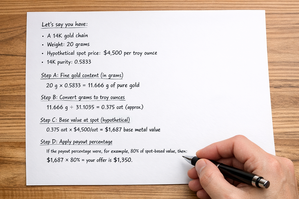 an image of a blank paper with a math formula, a hand holding a pen bottom , out of main view. the math shows how to calculate price of gold . it needs to show the following in a photo:Let’s say you have: A 14K gold chain Weight: 20 grams Hypothetical spot price: $4,500 per troy ounce 14K purity: 0.5833 Step A: Fine gold content (in grams)20 g × 0.5833 = 11.666 g of pure gold Step B: Convert grams to troy ounces11.666 g ÷ 31.1035 = 0.375 ozt (approx.) Step C: Base value at spot (hypothetical)0.375 ozt × $4,500/ozt = $1,687 base metal value Step D: Apply payout percentageIf the payout percentage were, for example, 80% of spot-based value, then:$1,687 × 80% = your offer is $1,350.