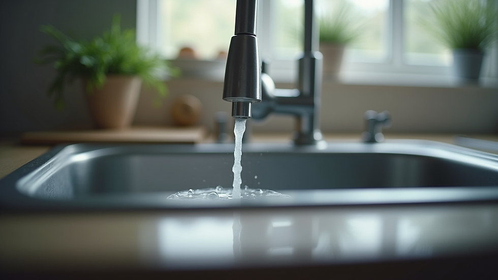Close-up view of a dripping faucet in a kitchen sink