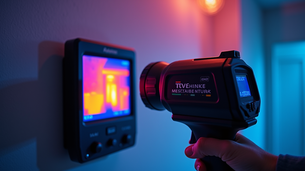 Close-up view of thermal imaging camera detecting moisture behind a wall