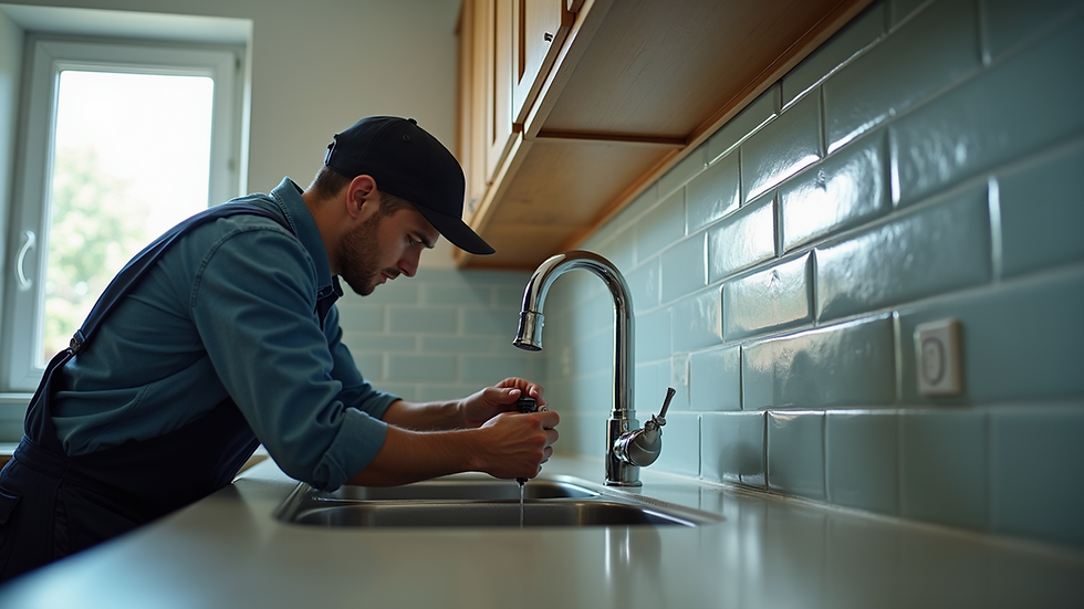 Eye-level view of a plumber fixing a kitchen sink faucet