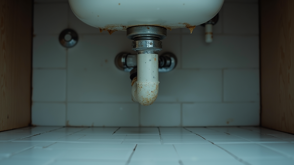 Eye-level view of a leaking pipe under a kitchen sink