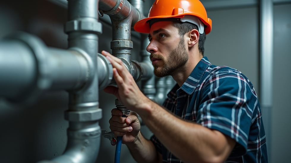 Close-up view of a plumber working on pipes