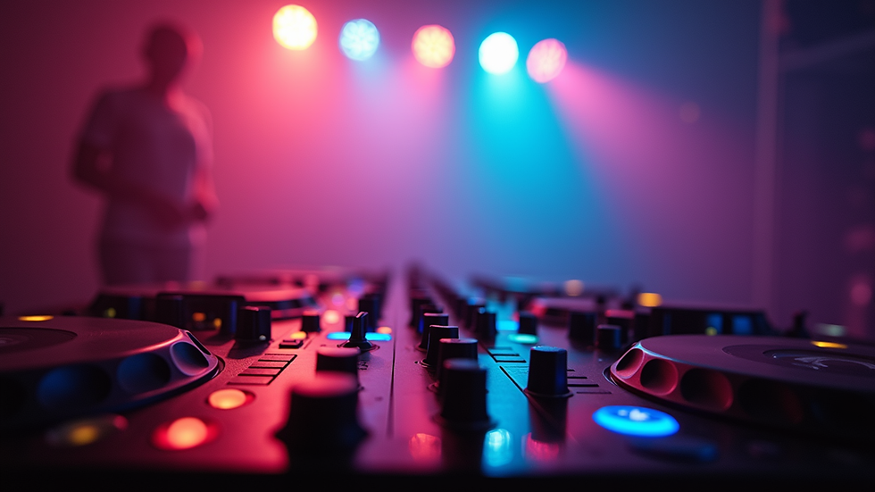 Close-up view of DJ lighting equipment with colorful beams illuminating a dance floor