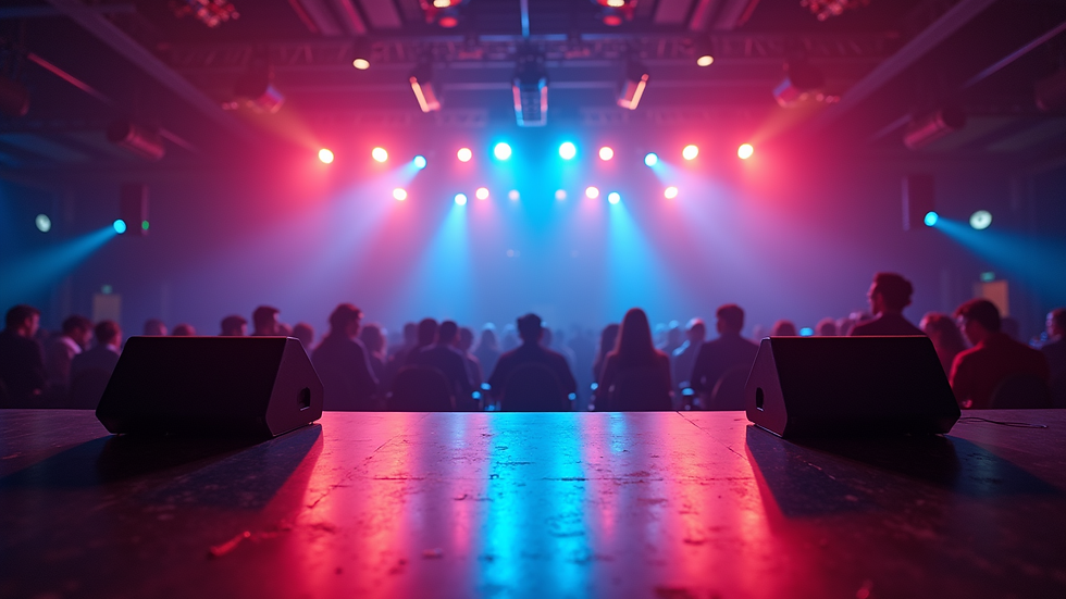 Wide angle view of event space with colorful uplighting and sound equipment