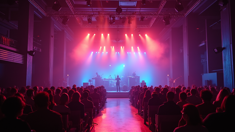 Wide angle view of event venue with colorful lighting and sound setup