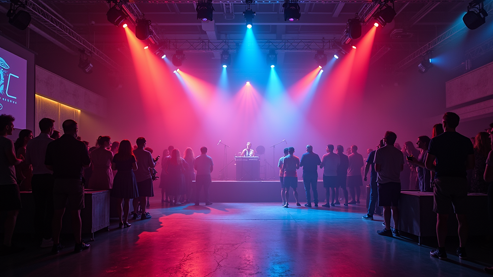 Wide angle view of colorful lighting setup at a Fort Lauderdale event