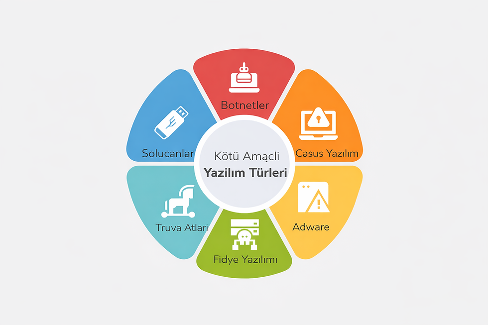 Kötü amaçlı yazılım türlerini gösteren dairesel infografik.