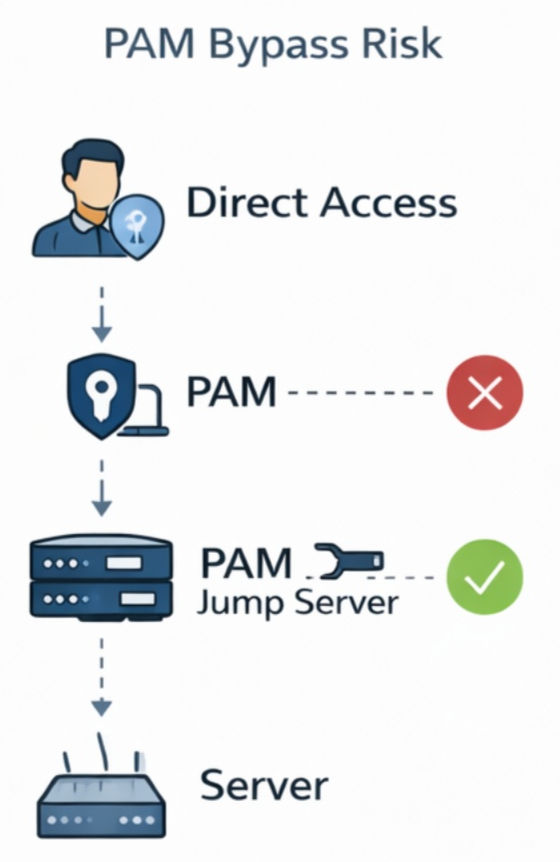 Diagram comparing controlled access through PAM with the risks of direct access