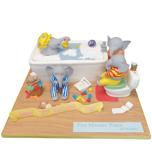 Bespoke cake in Solihull, West Midlands featuring a bathtub, rubber duck, and towel for a Five Minutes' Peace celebration.