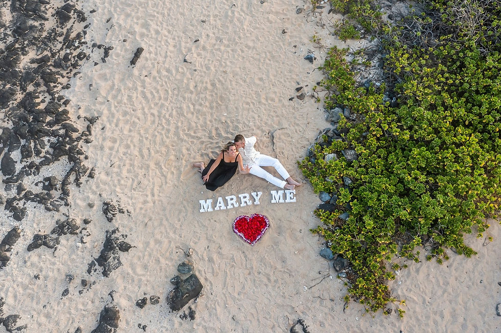 High angle view of a couple on a cliff overlooking the ocean at sunset in Maui